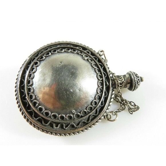 Palestine Sterling Round Perfume Scent Flask Fancy Chatelaine Perfume Bottle - Picture 7 of 12